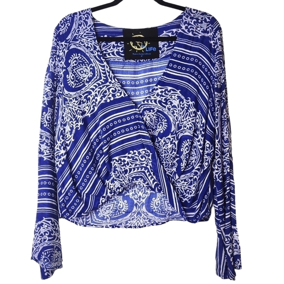 VINTAGE BLUE LIFE Boho Bell Sleeves 100% COTTON TOP SIZE M - Picture 2 of 10